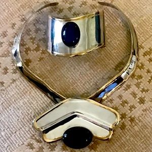 Retro Silver, Brass and Onyx Necklace and Cuff Set